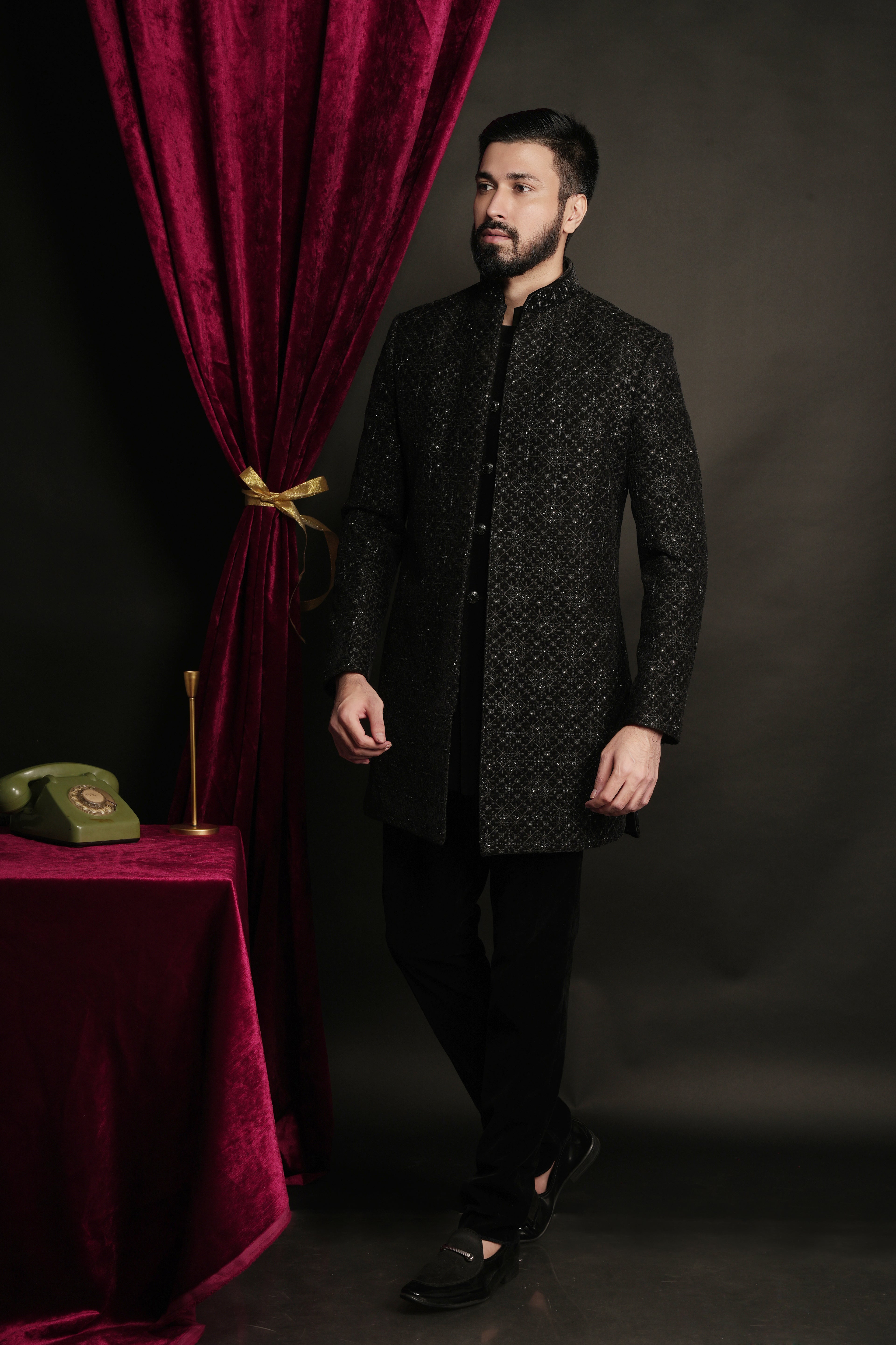 Black Velvet Embroidered Open Indowestern Set