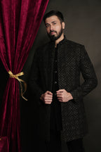 Black Velvet Embroidered Open Indowestern Set