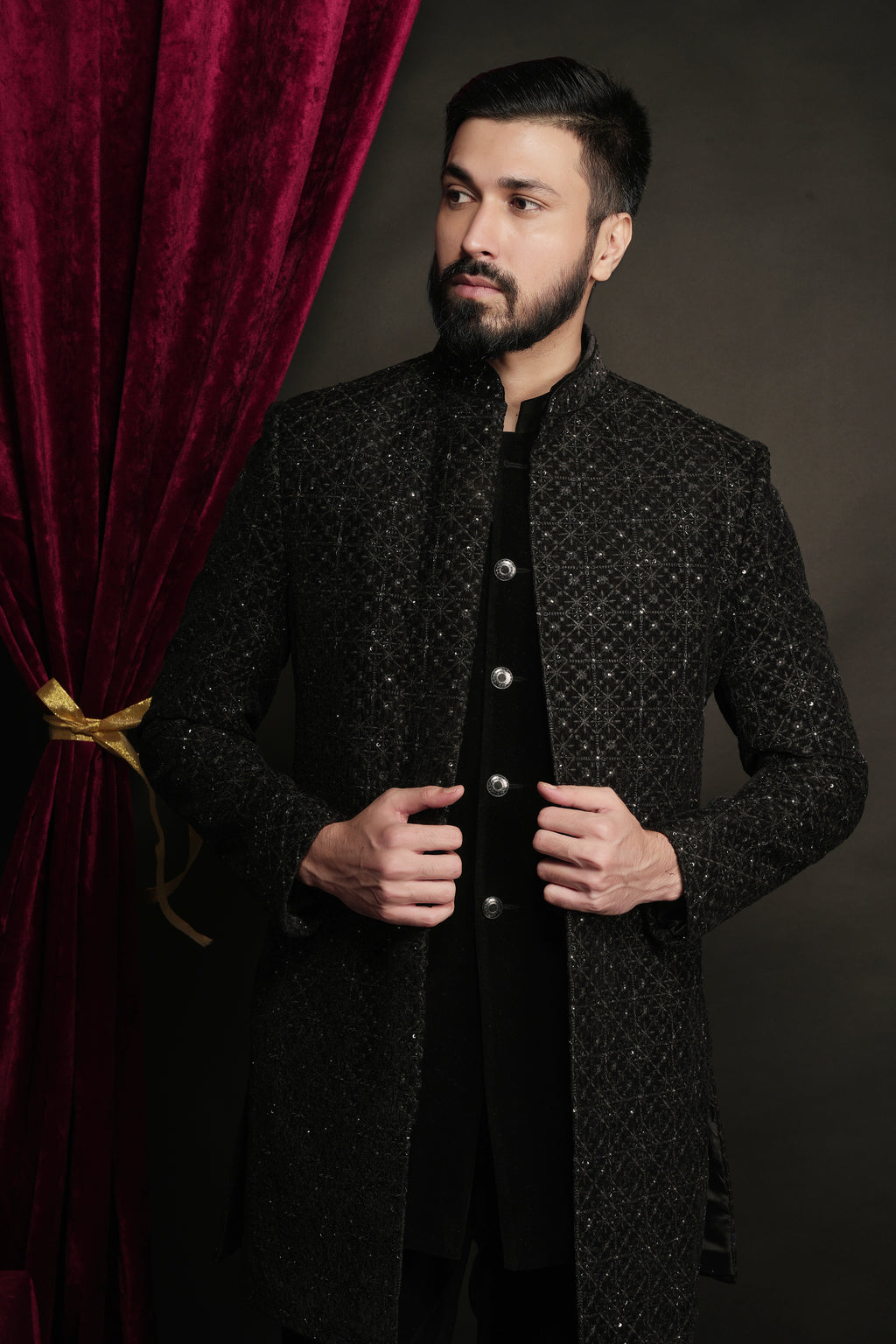 Black Velvet Embroidered Open Indowestern Set
