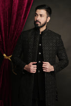 Black Velvet Embroidered Open Indowestern Set
