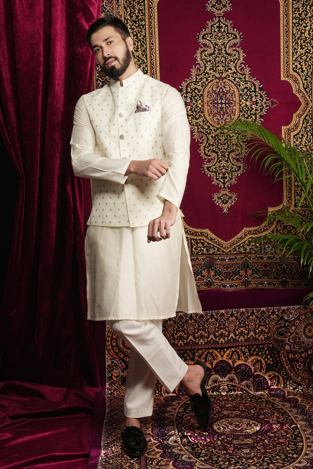 Creme Printed Kurta Bandi Set