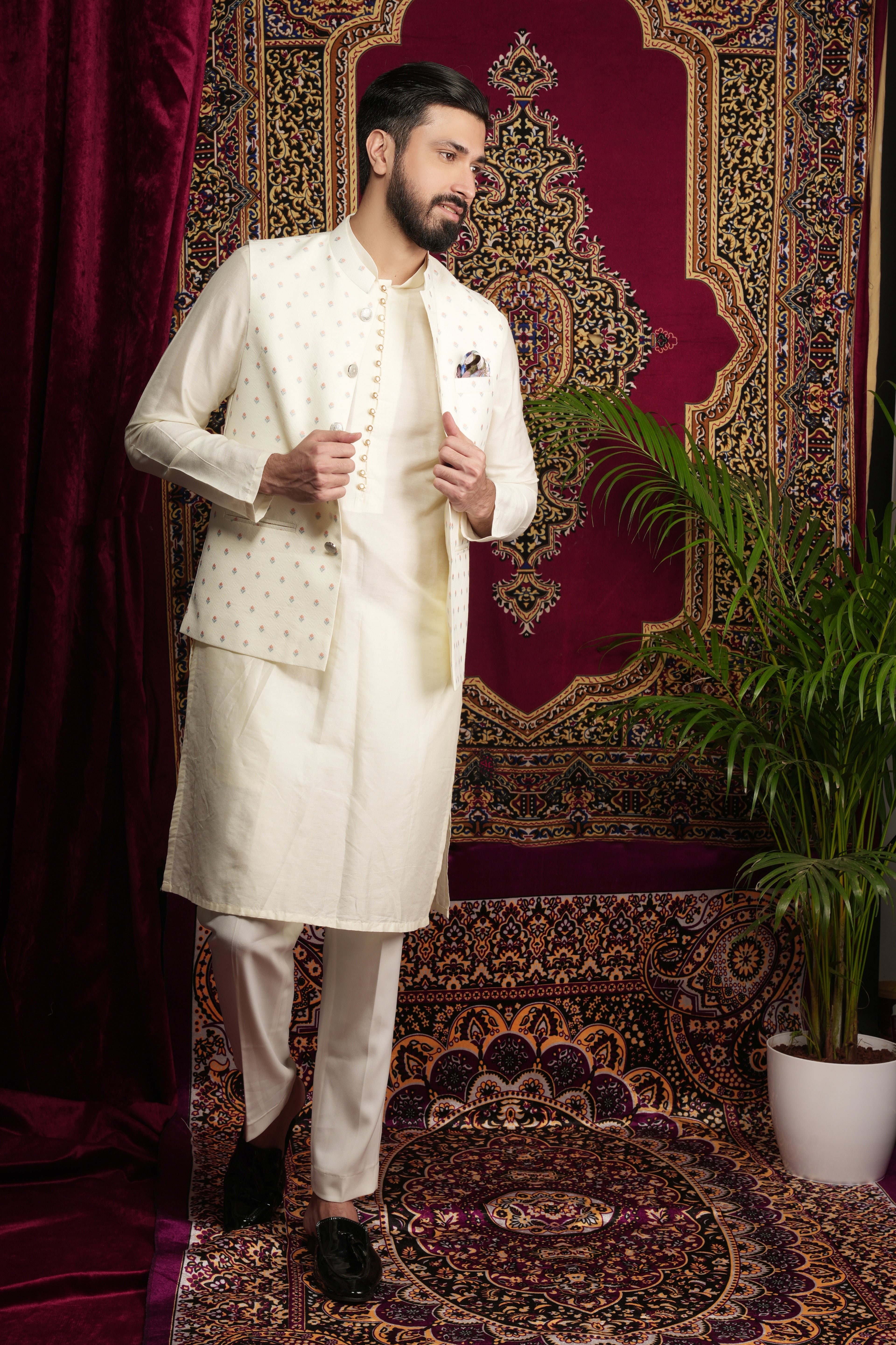 Creme Printed Kurta Bandi Set
