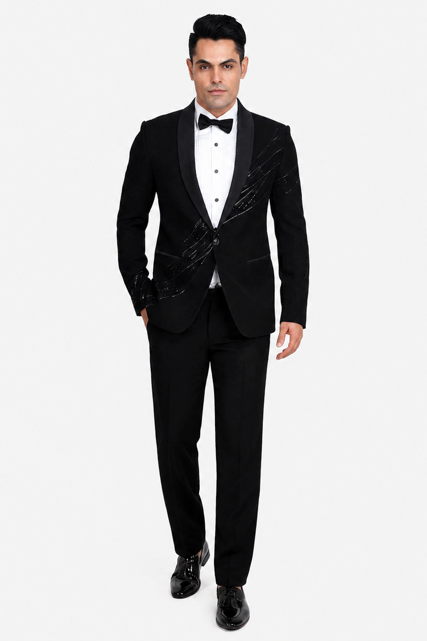 Black Japanese Polyester Viscose Embroidered Tuxedo Set