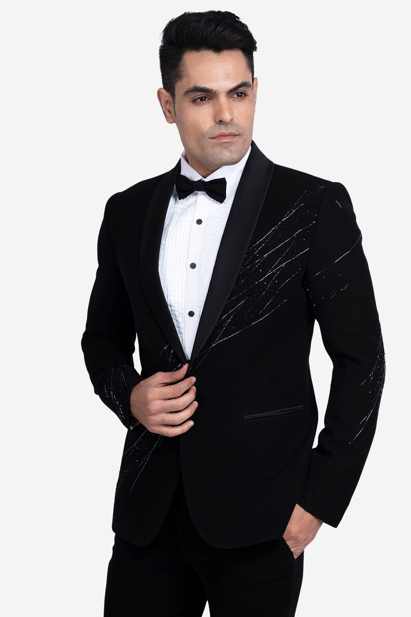 Black Japanese Polyester Viscose Embroidered Tuxedo Set