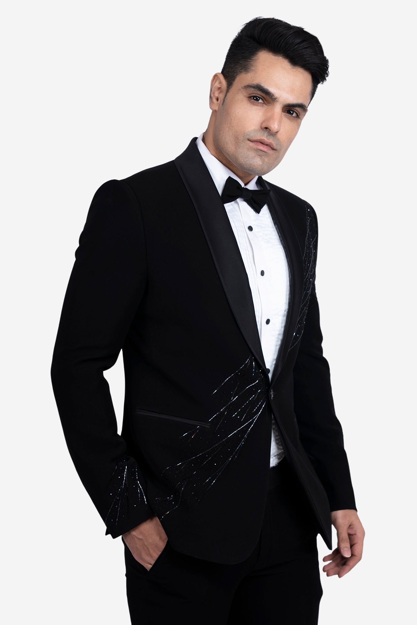 Black Japanese Polyester Viscose Embroidered Tuxedo Set