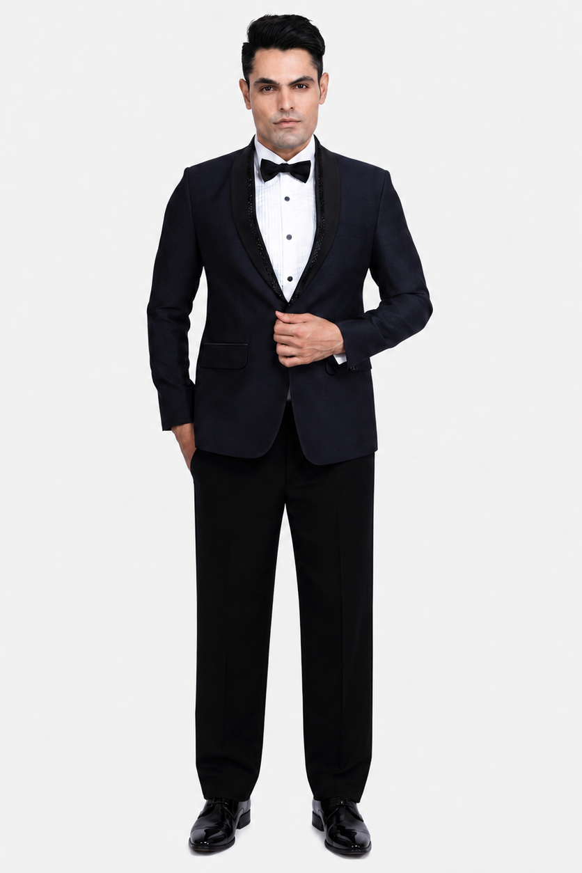 Blue Stone-Embellished Velvet Lapel Polyester Viscose Tuxedo Set