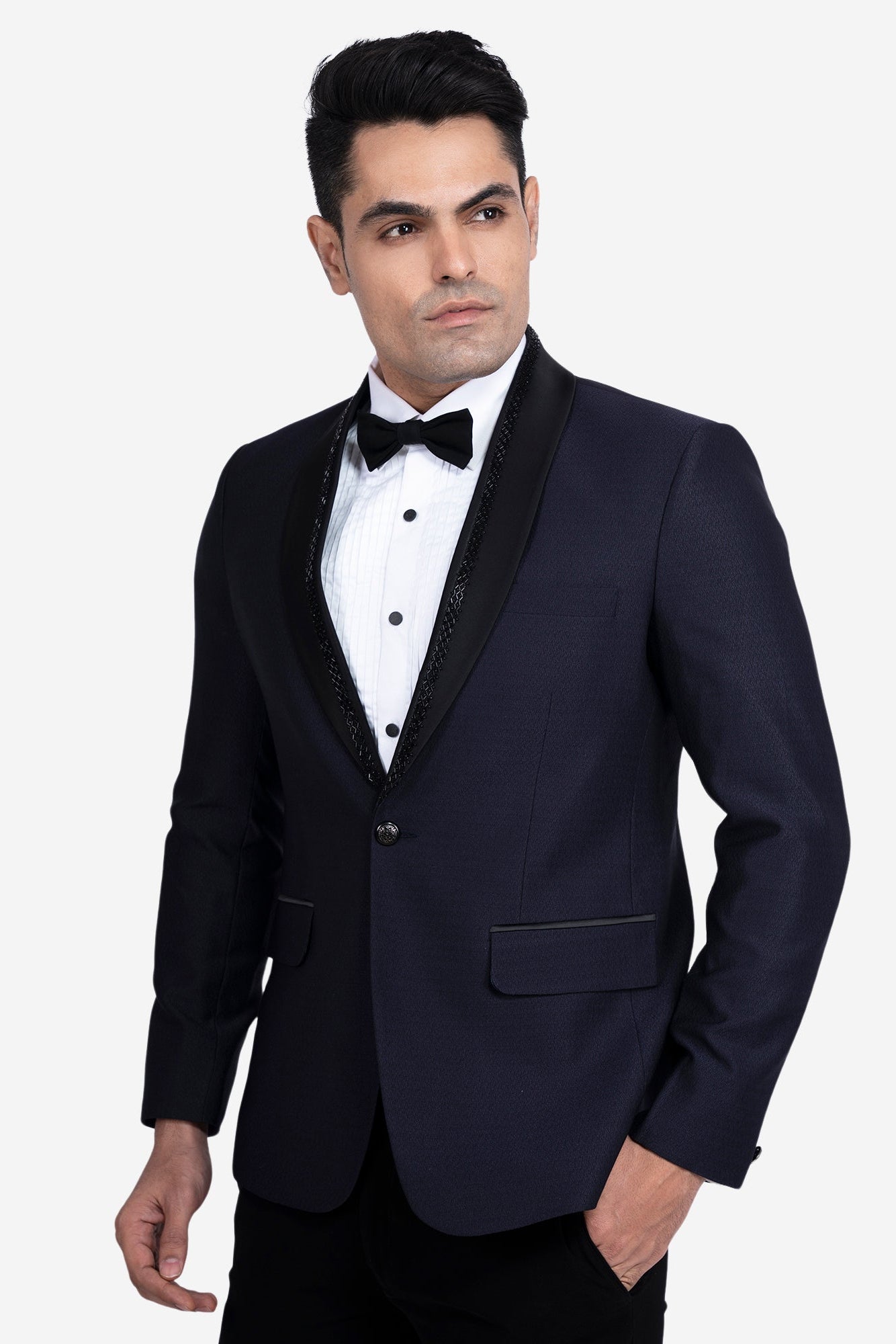 Blue Stone-Embellished Velvet Lapel Polyester Viscose Tuxedo Set