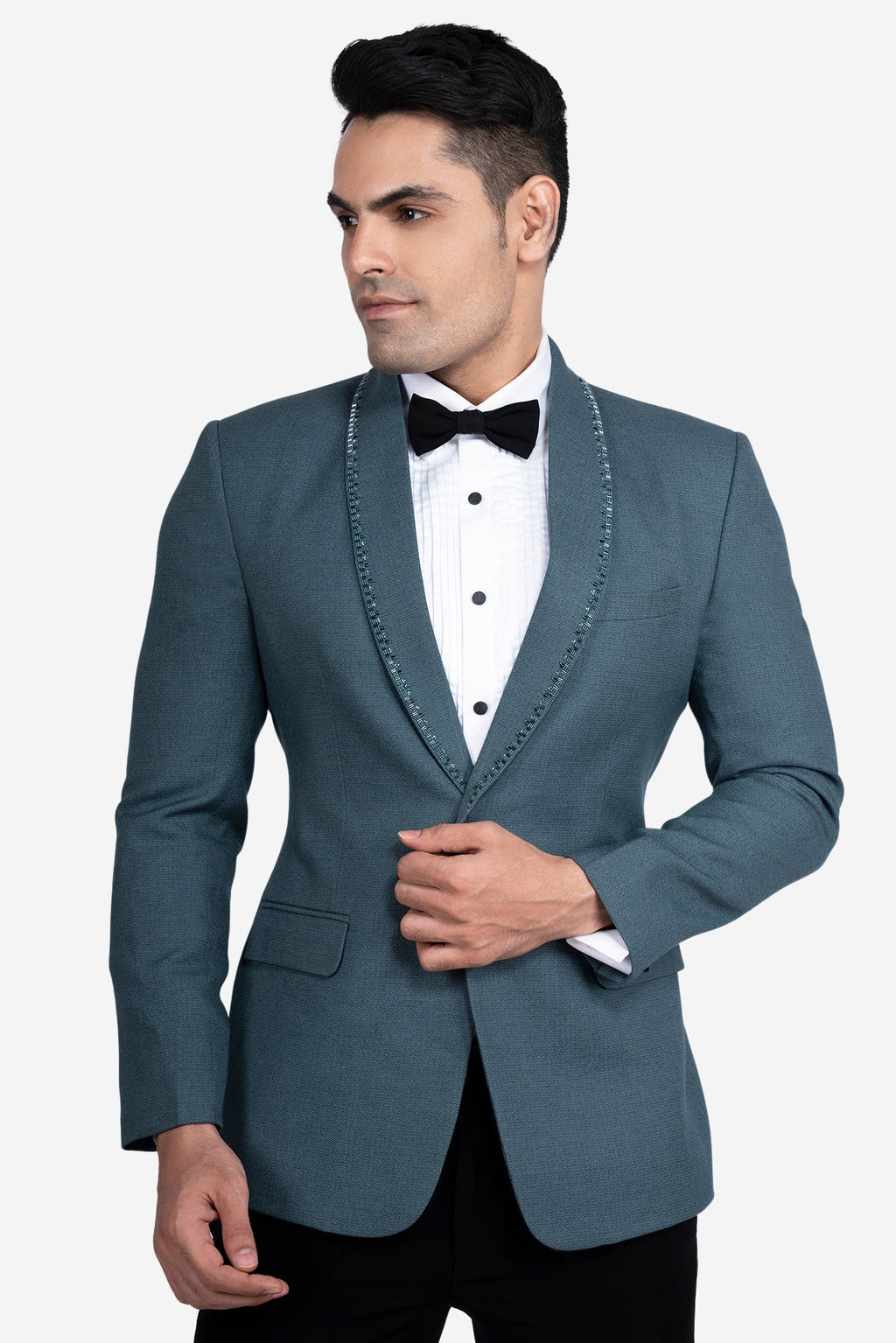 Green Polywool Hand-Embroidered Tuxedo Set