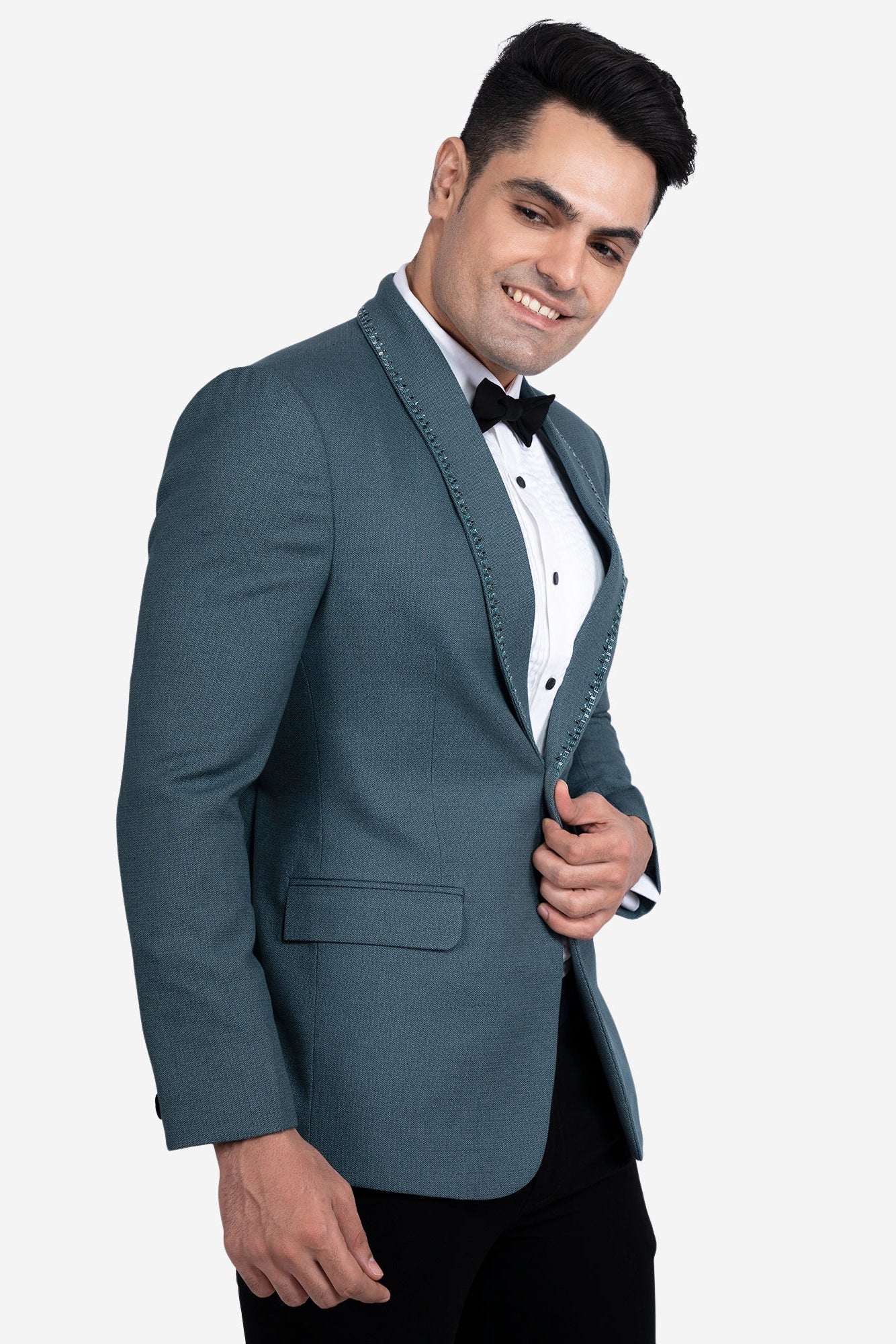Green Polywool Hand-Embroidered Tuxedo Set