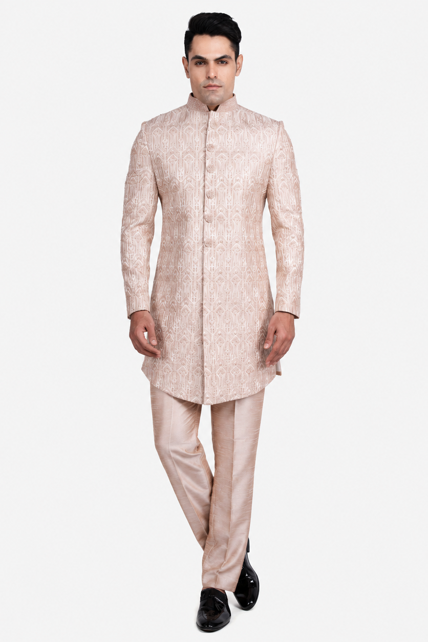 Rose Gold Faux Silk Floral Embroidered Sherwani Set