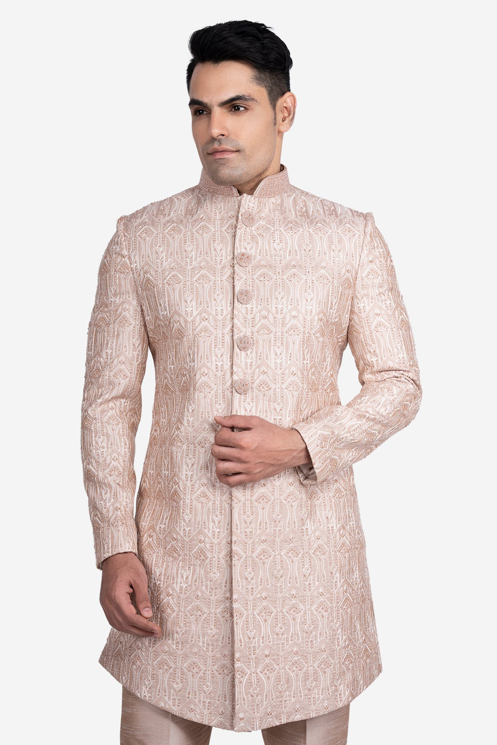 Rose Gold Faux Silk Floral Embroidered Sherwani Set