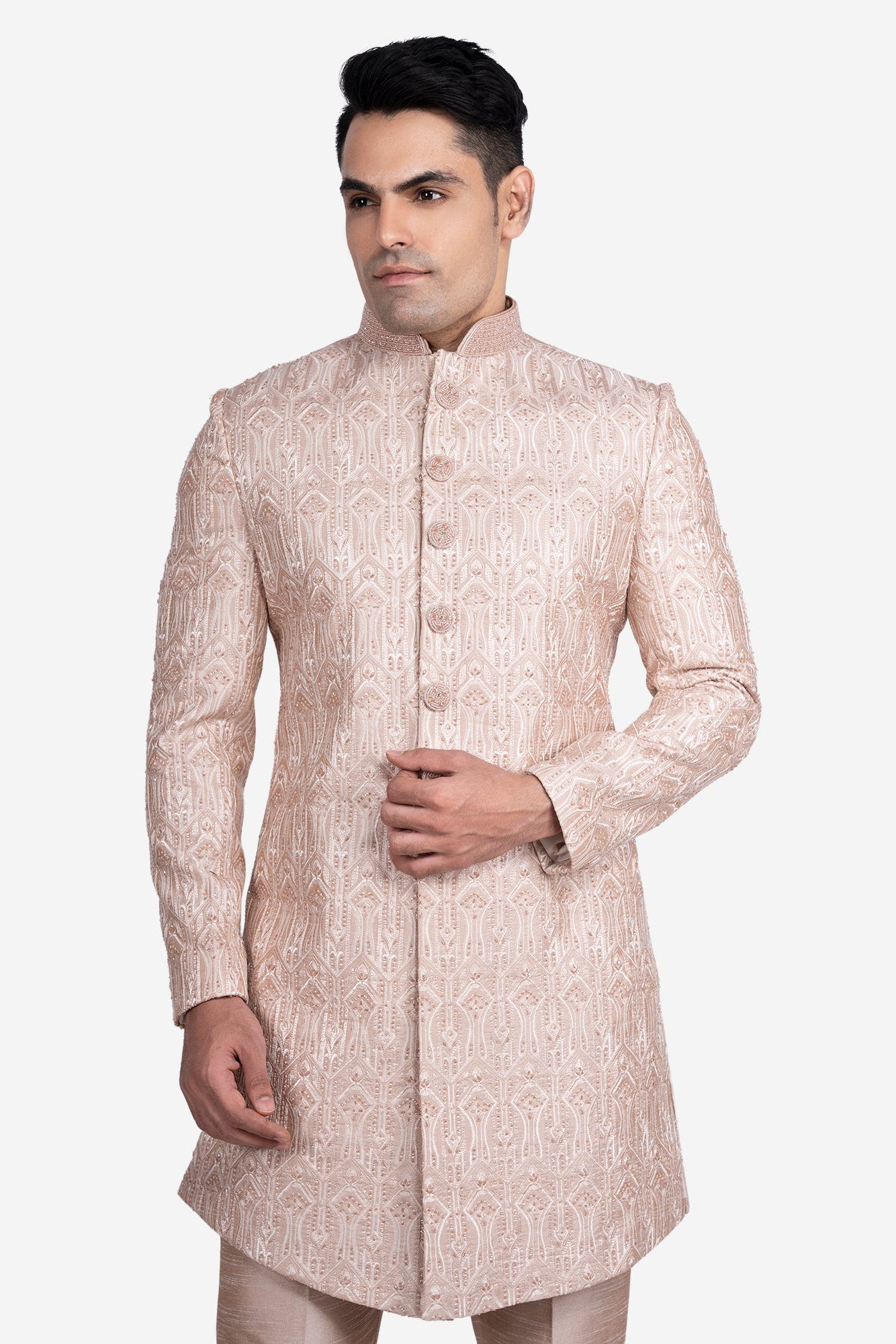 Rose Gold Faux Silk Floral Embroidered Sherwani Set