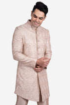 Rose Gold Faux Silk Floral Embroidered Sherwani Set