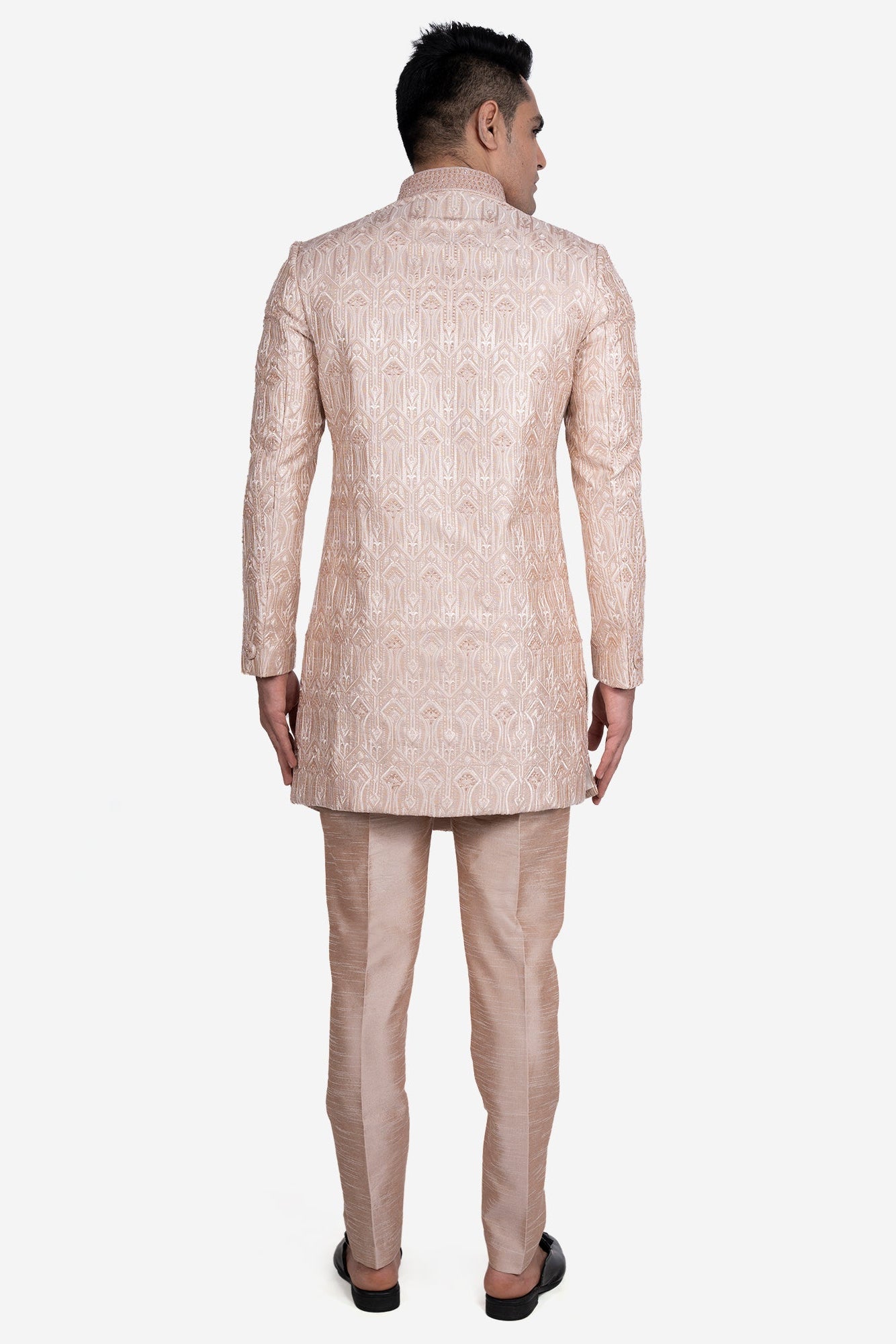 Rose Gold Faux Silk Floral Embroidered Sherwani Set