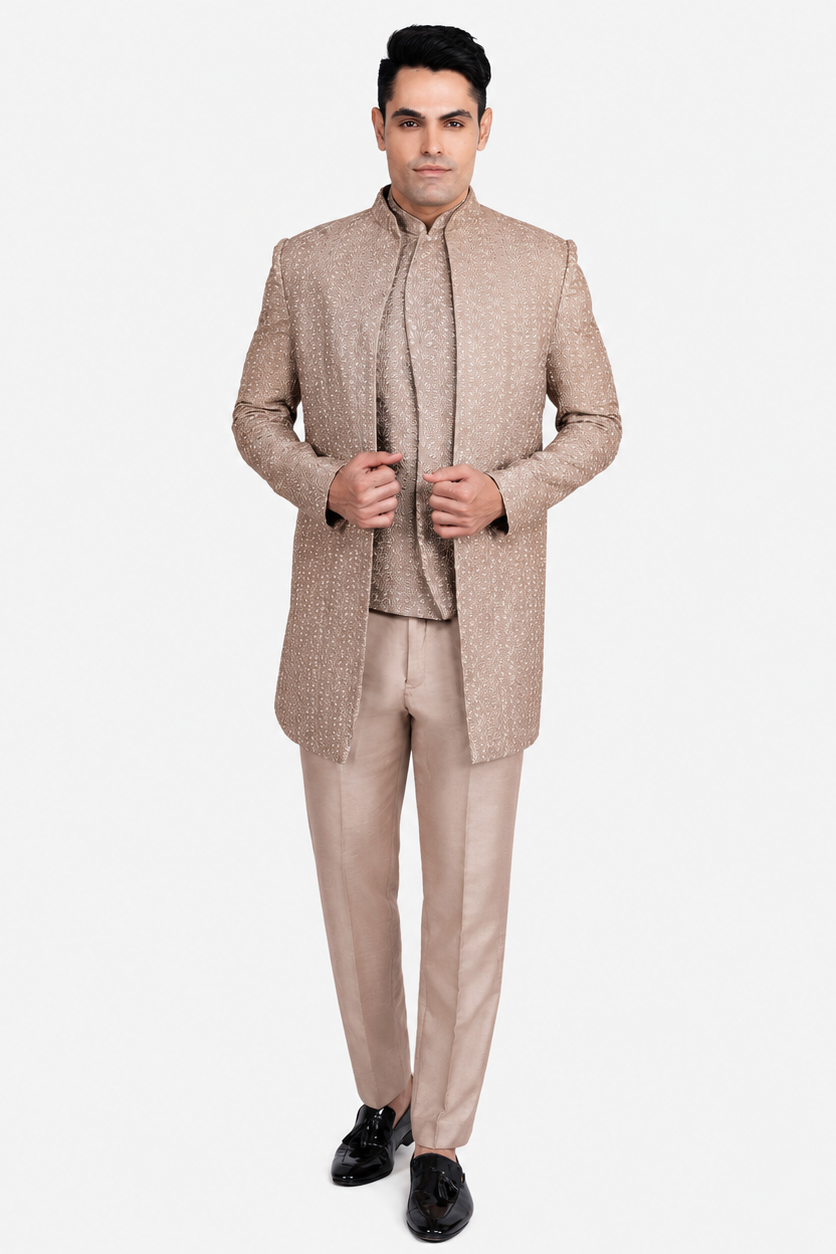 Beige Faux Silk Embroidered Indo-Western Set