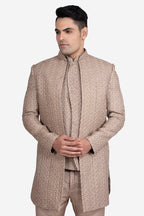 Beige Silk Embroidered Indo-Western Set