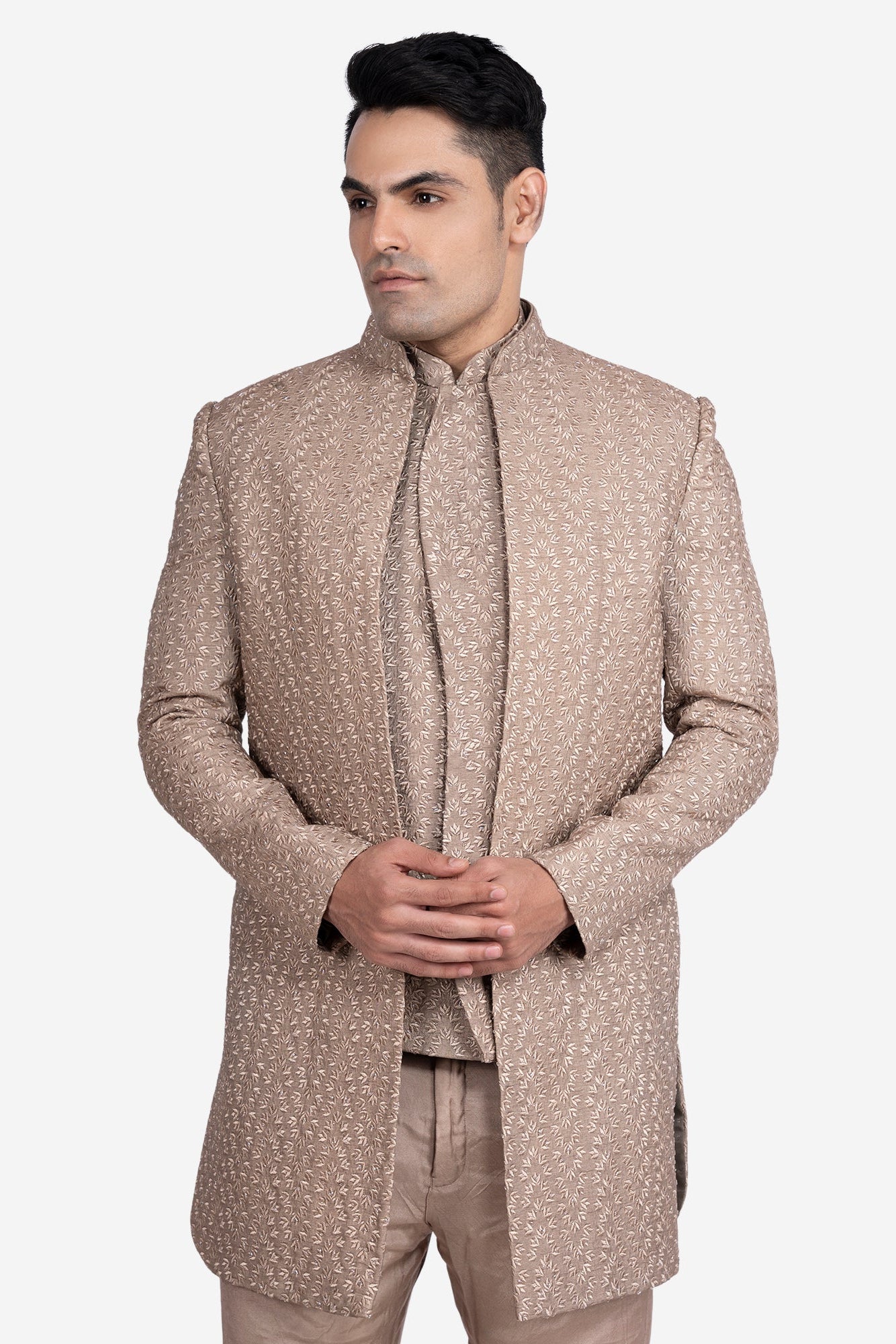 Beige Faux Silk Embroidered Indo-Western Set