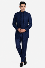 Blue Faux Silk Embroidered Indo-Western Set