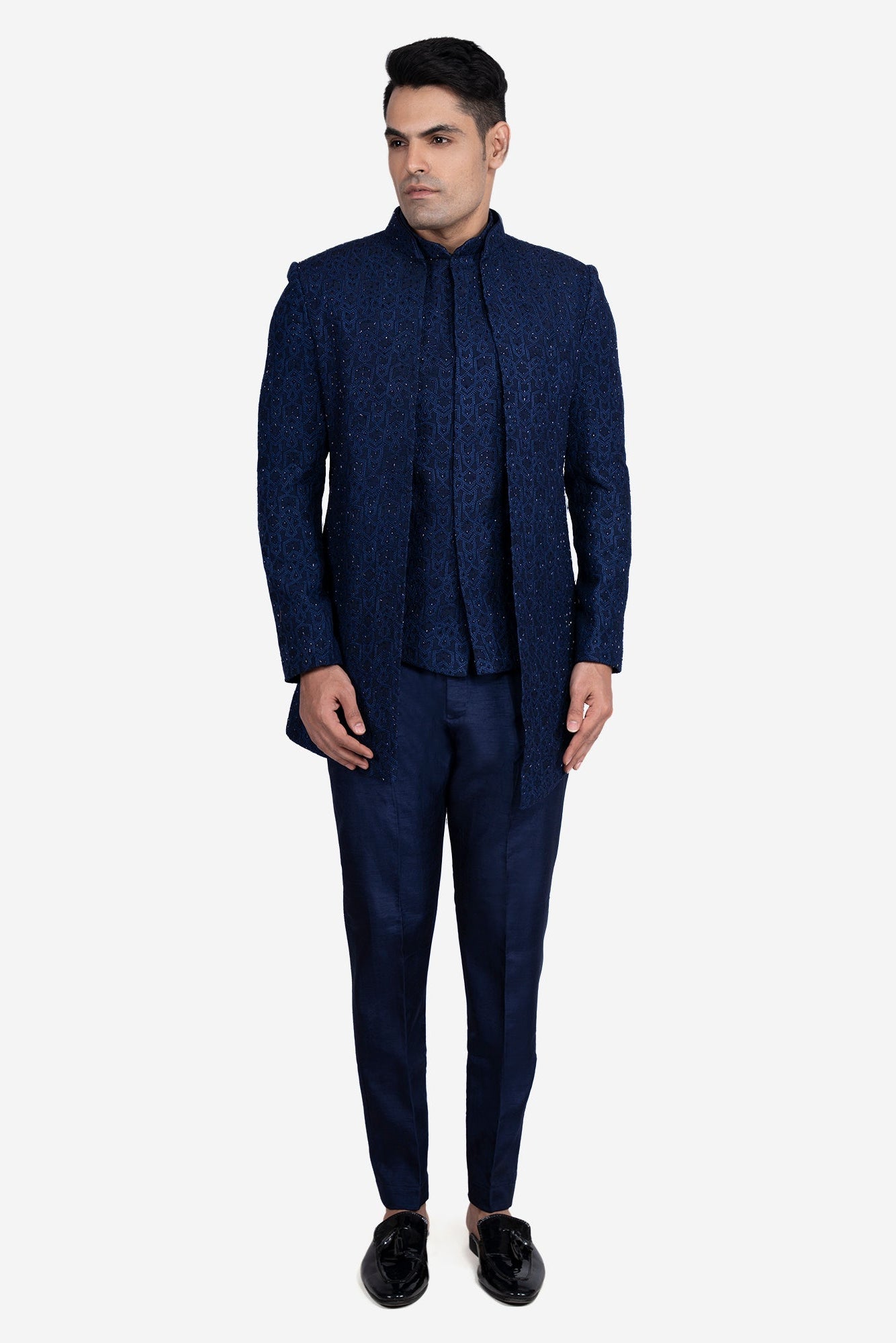Blue Faux Silk Embroidered Indo-Western Set