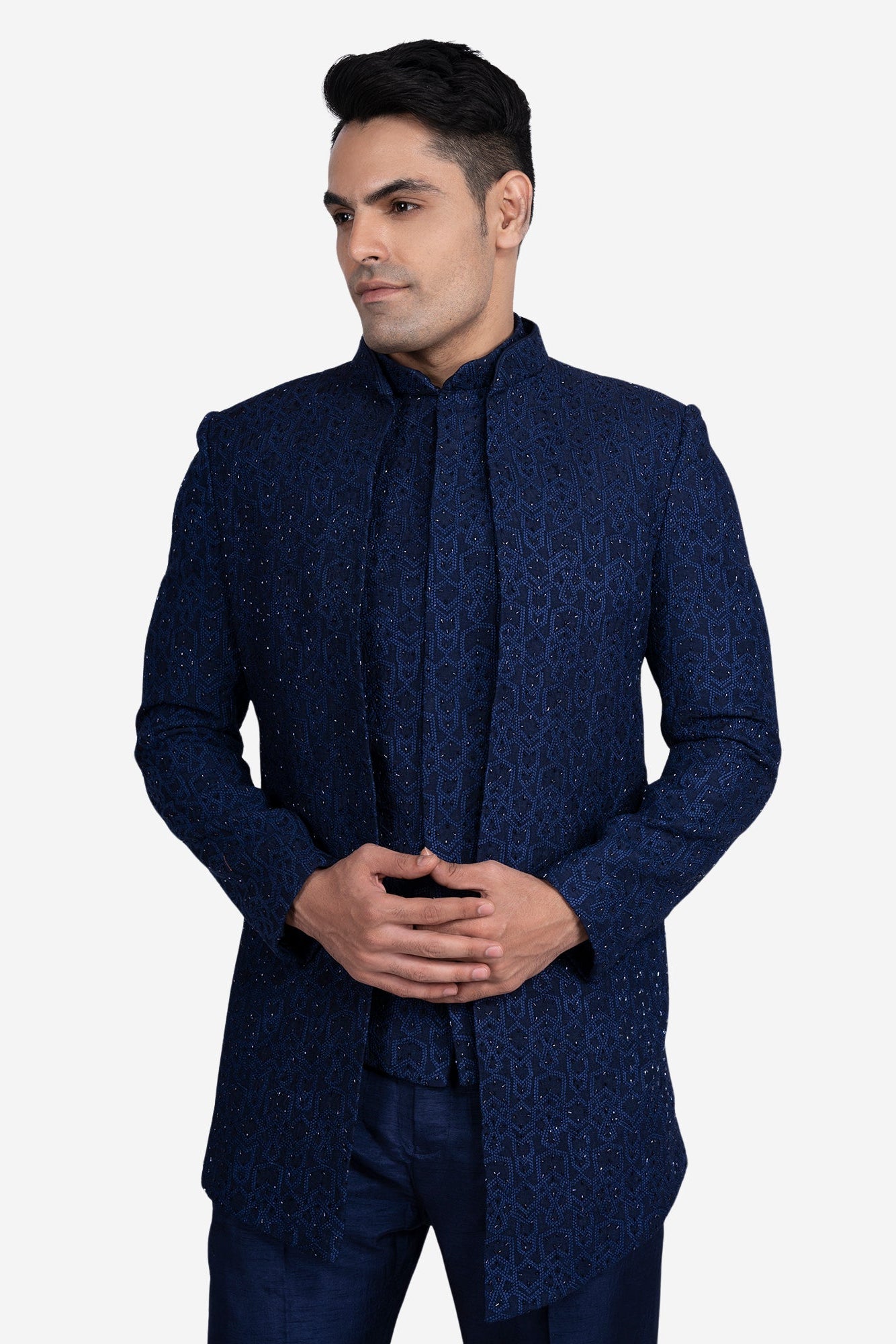 Blue Faux Silk Embroidered Indo-Western Set