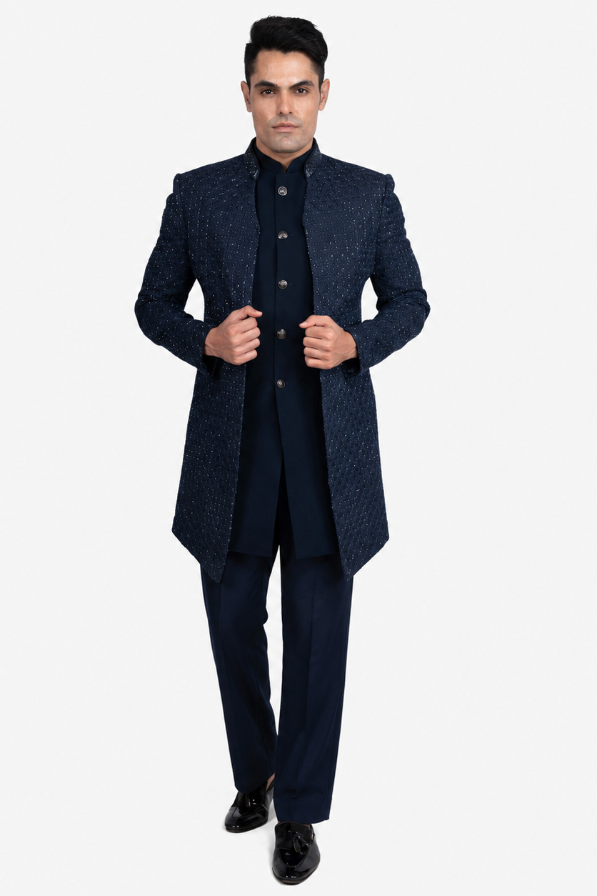 Dark Blue Faux Silk Embroidered Indo-Western Set