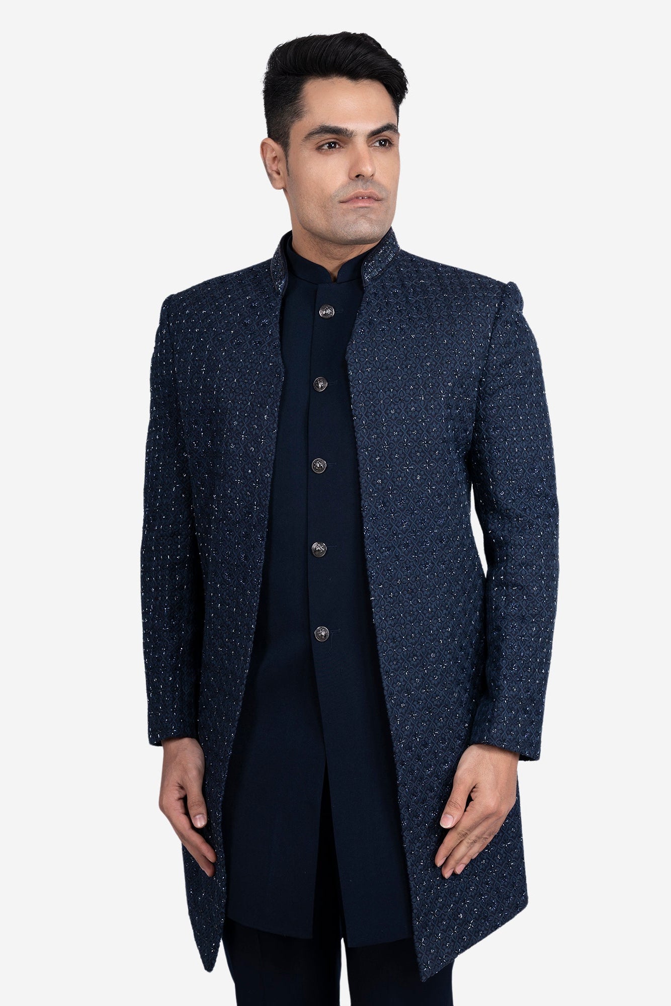 Dark Blue Faux Silk Embroidered Indo-Western Set