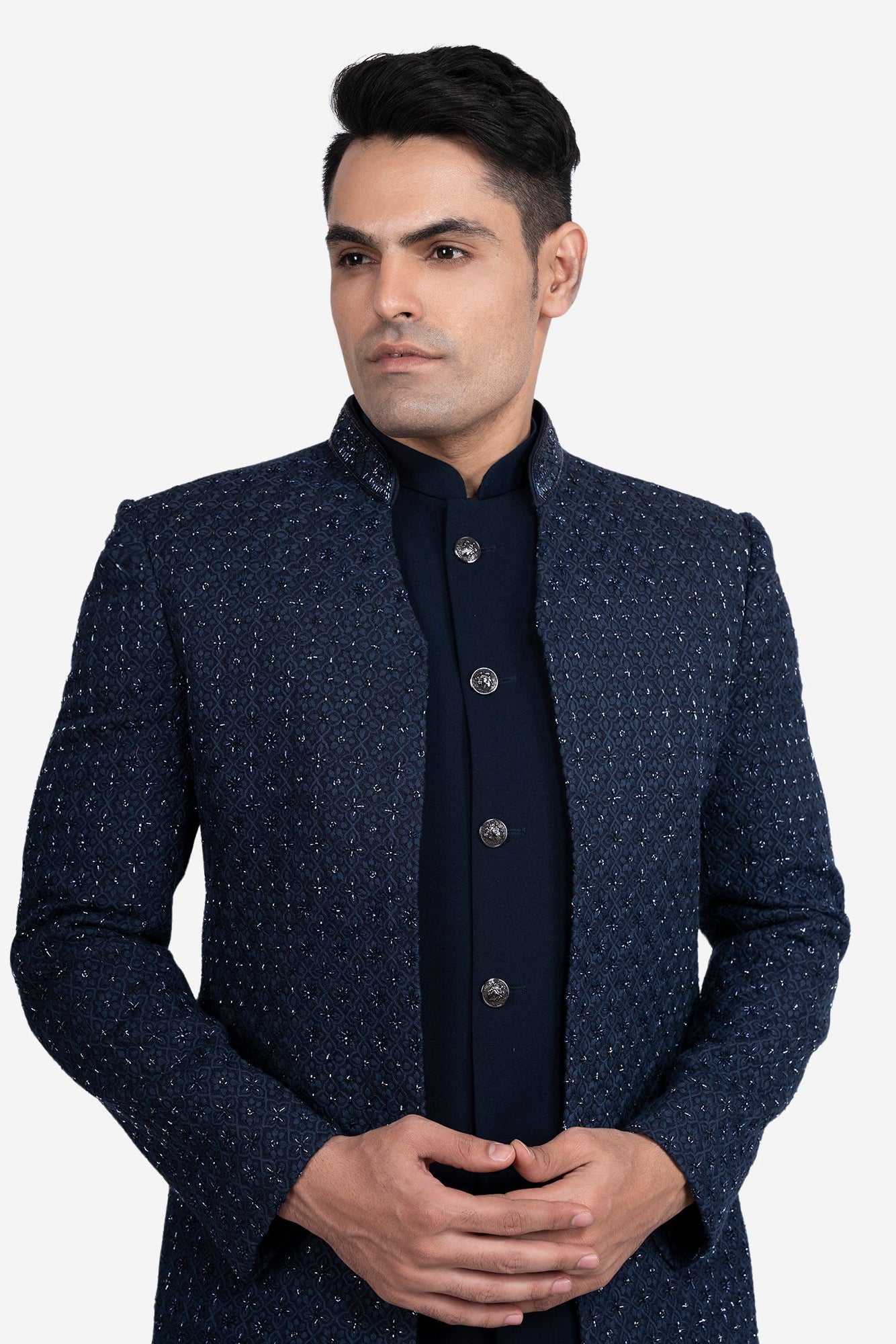 Dark Blue Faux Silk Embroidered Indo-Western Set