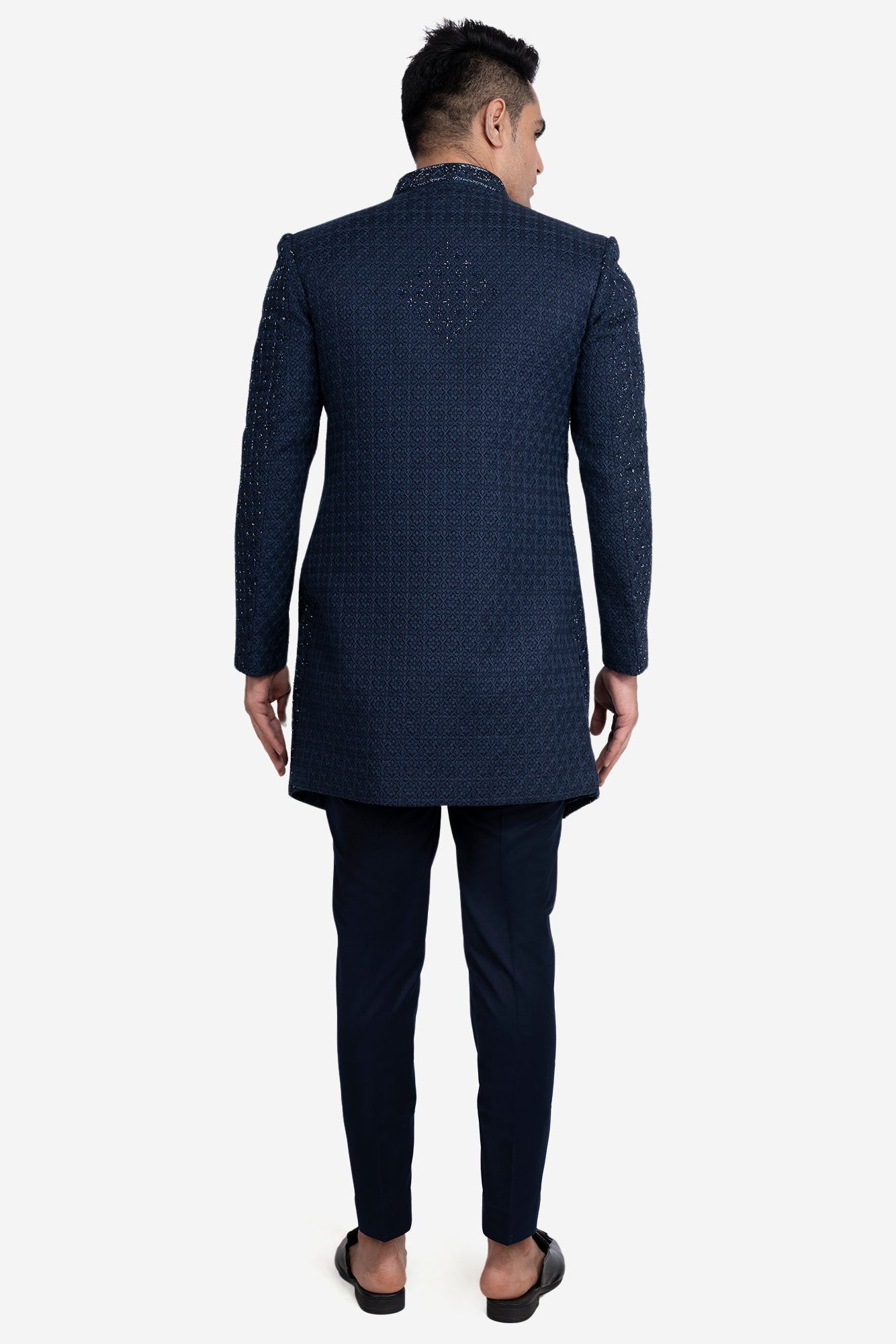 Dark Blue Faux Silk Embroidered Indo-Western Set