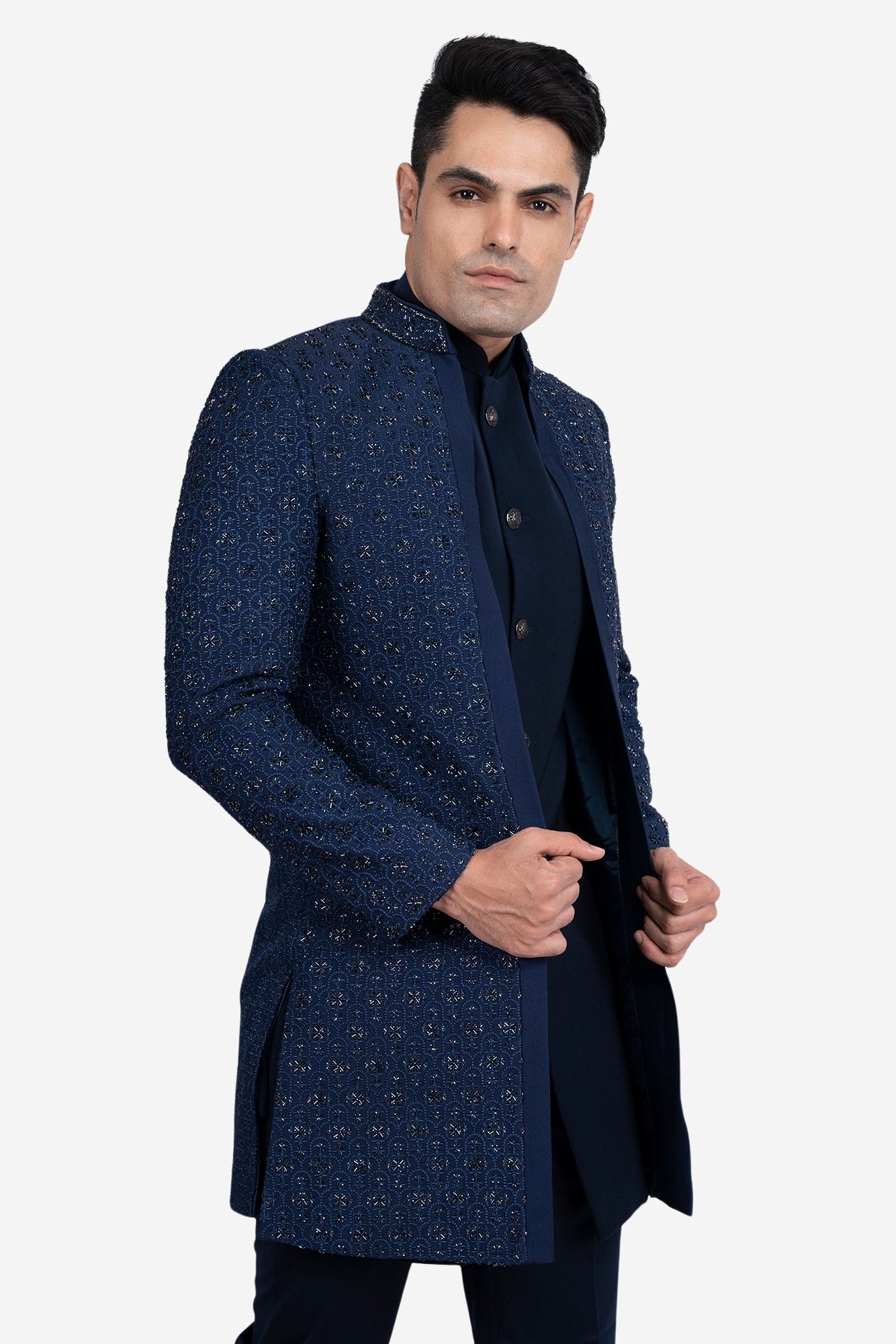 Blue Faux Silk Embroidered Indo-Western Set (with Bundi)