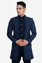Blue Faux Silk Embroidered Indo-Western Set