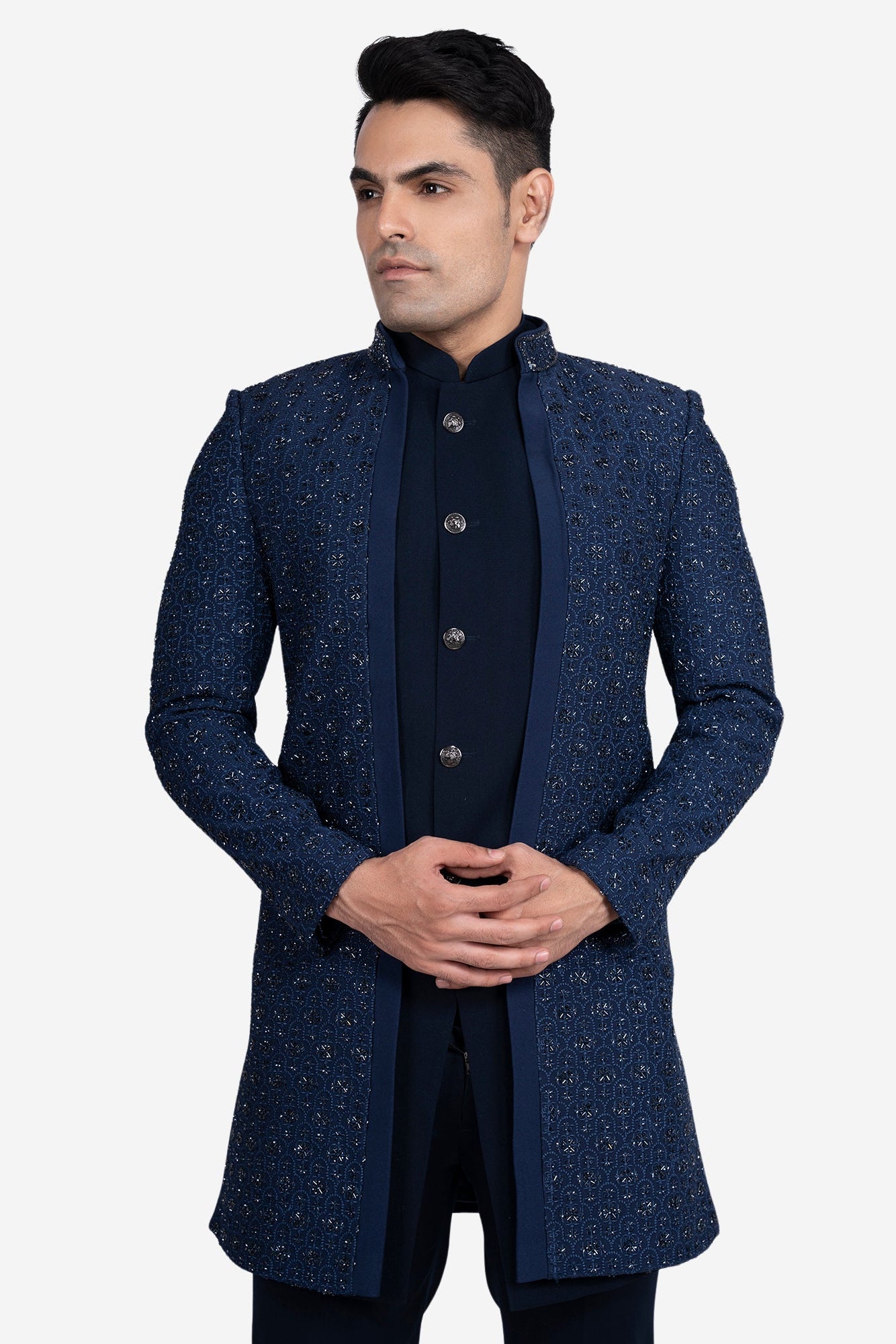 Blue Faux Silk Embroidered Indo-Western Set (with Bundi)
