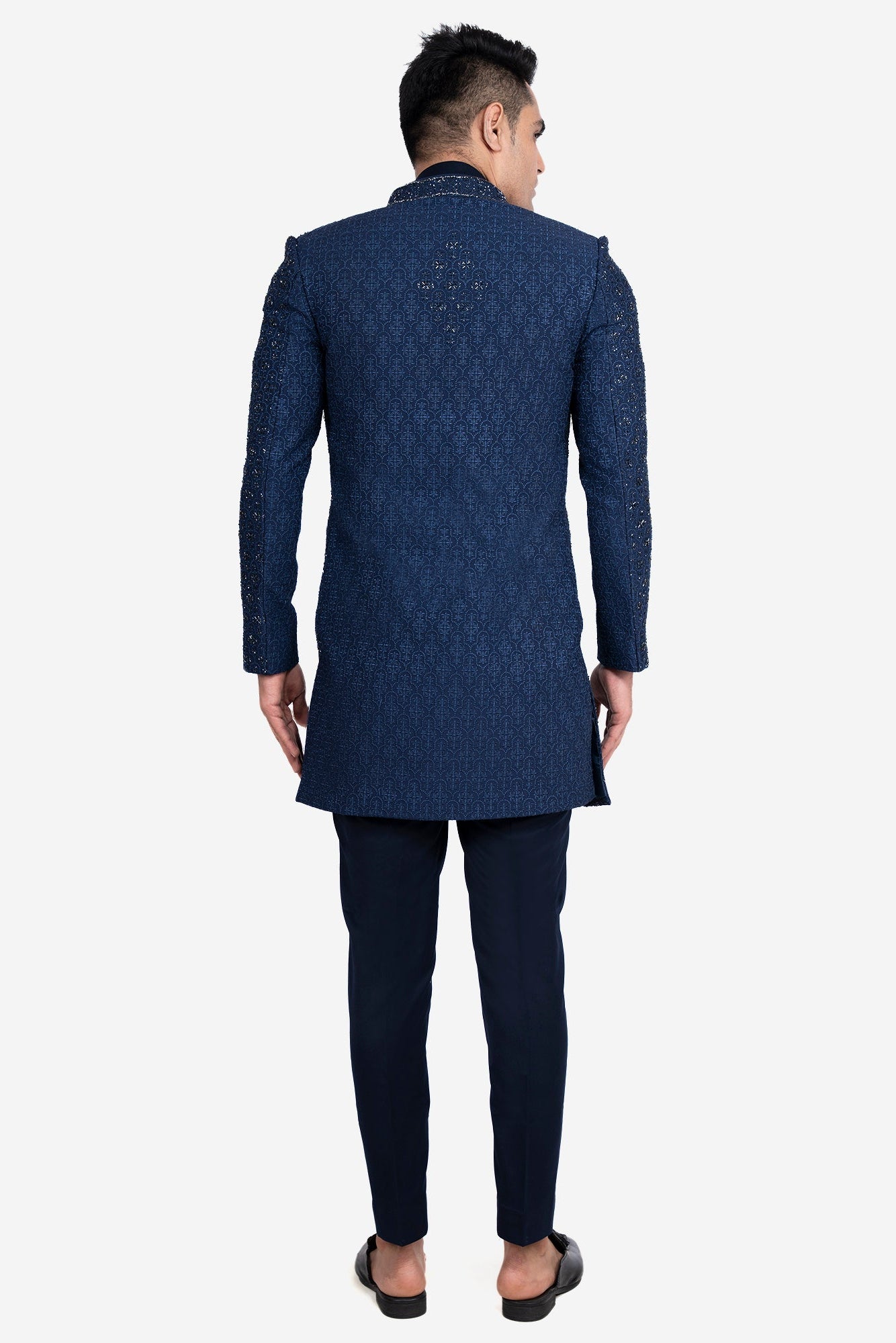 Blue Faux Silk Embroidered Indo-Western Set (with Bundi)