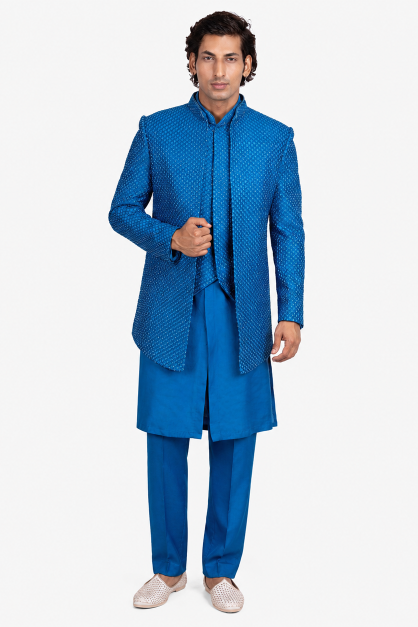 Blue Faux Silk 4-Piece Embroidered Indo-Western Set