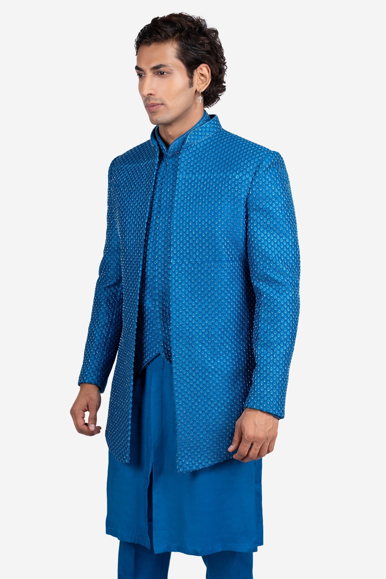 Blue Faux Silk 4-Piece Embroidered Indo-Western Set