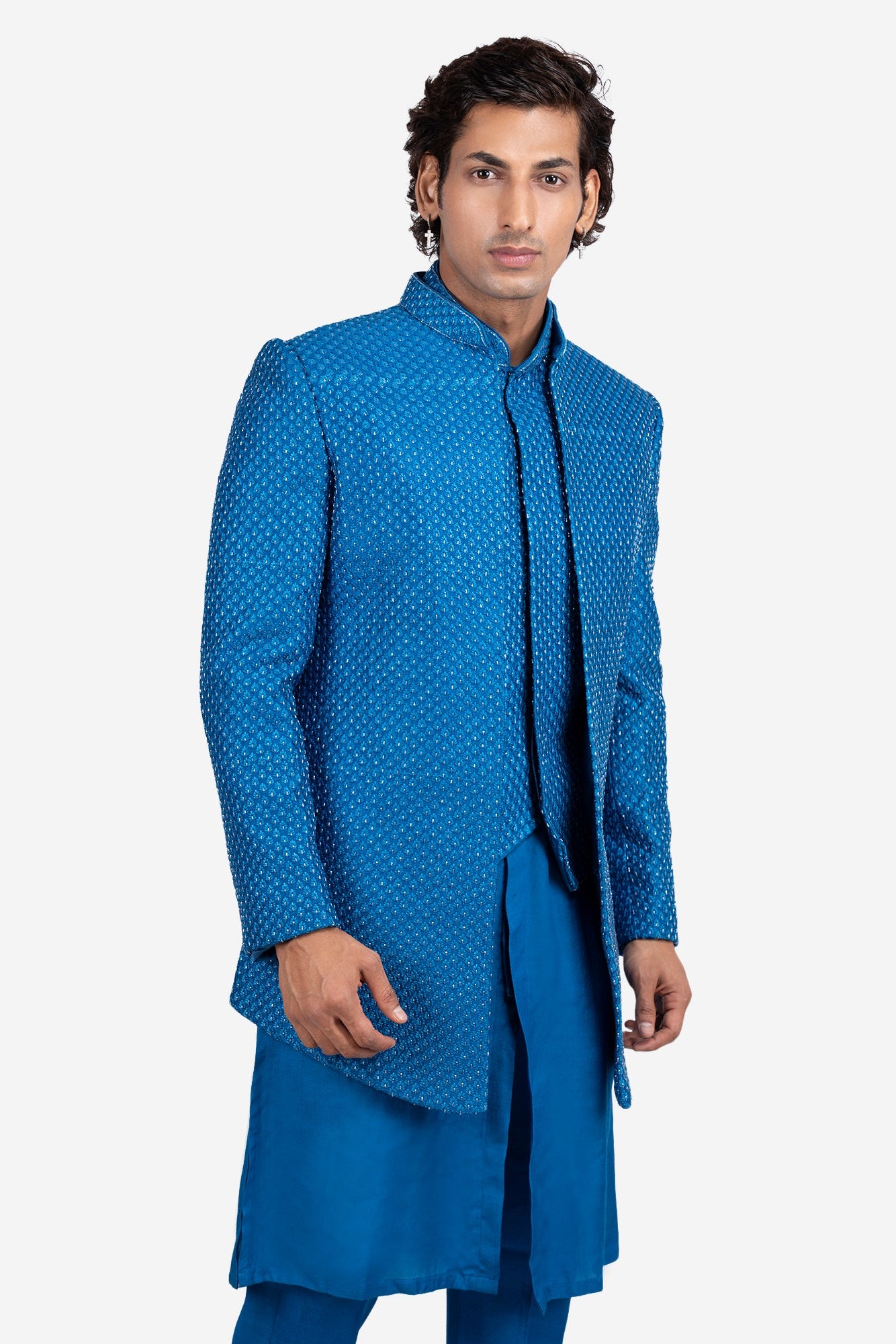 Blue Faux Silk 4-Piece Embroidered Indo-Western Set