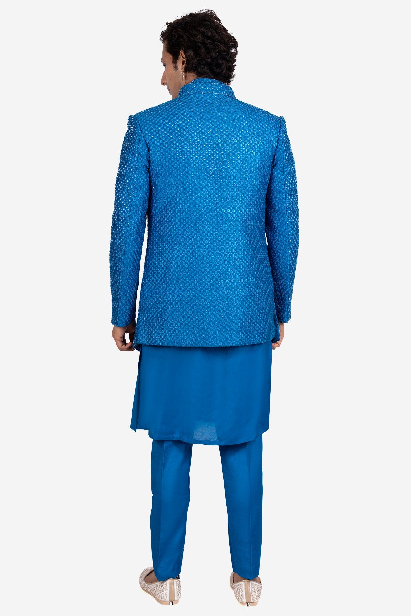 Blue Faux Silk 4-Piece Embroidered Indo-Western Set