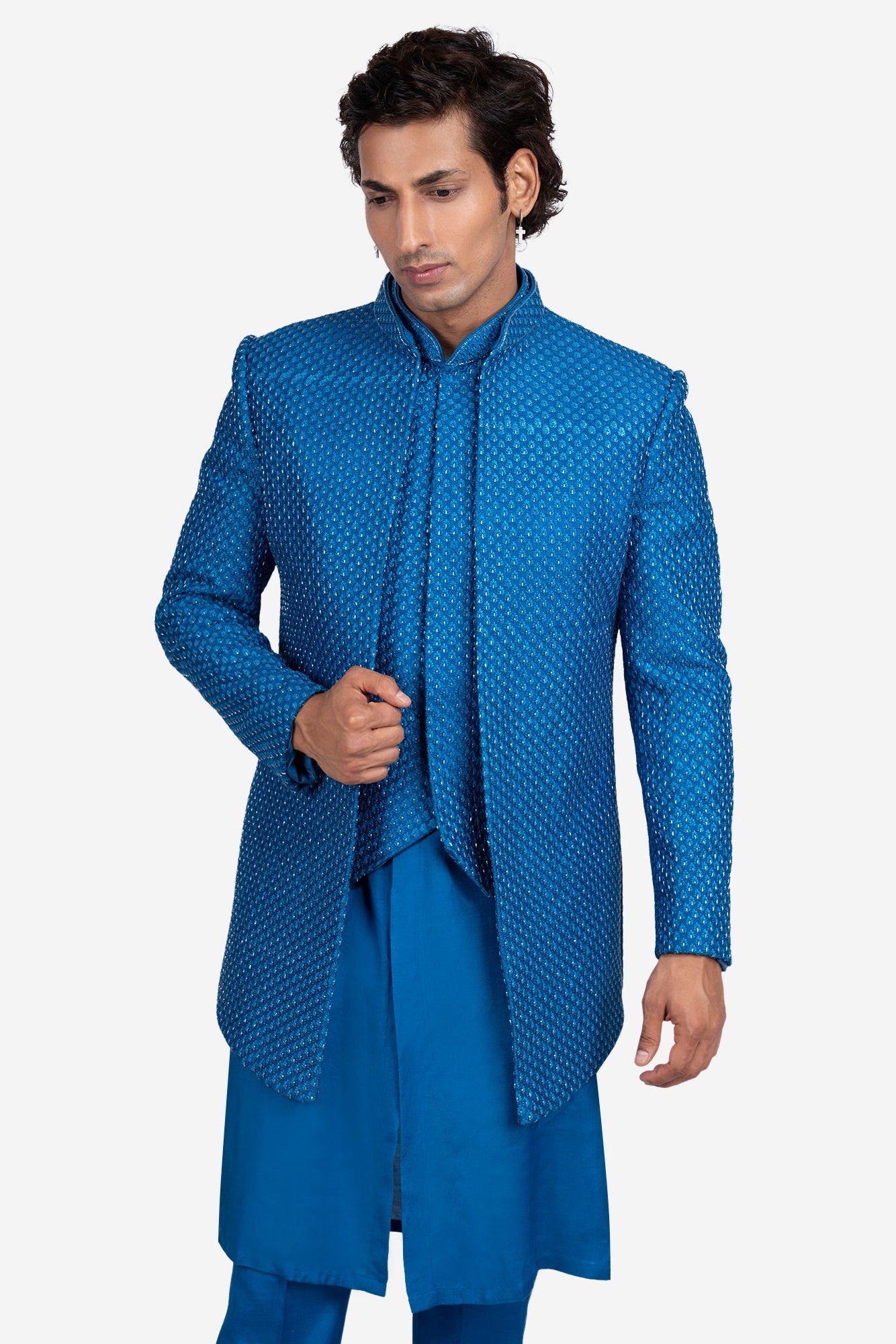 Blue Faux Silk 4-Piece Embroidered Indo-Western Set