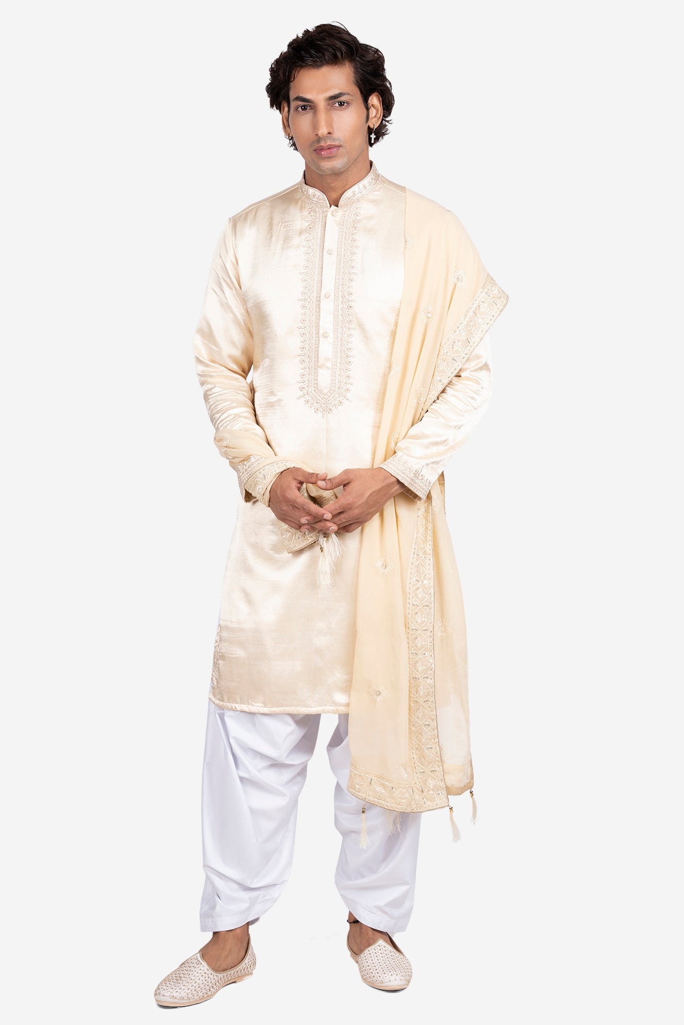 Gold and beige Gajji & Dola Silk Mirror Embroidered Kurta Set