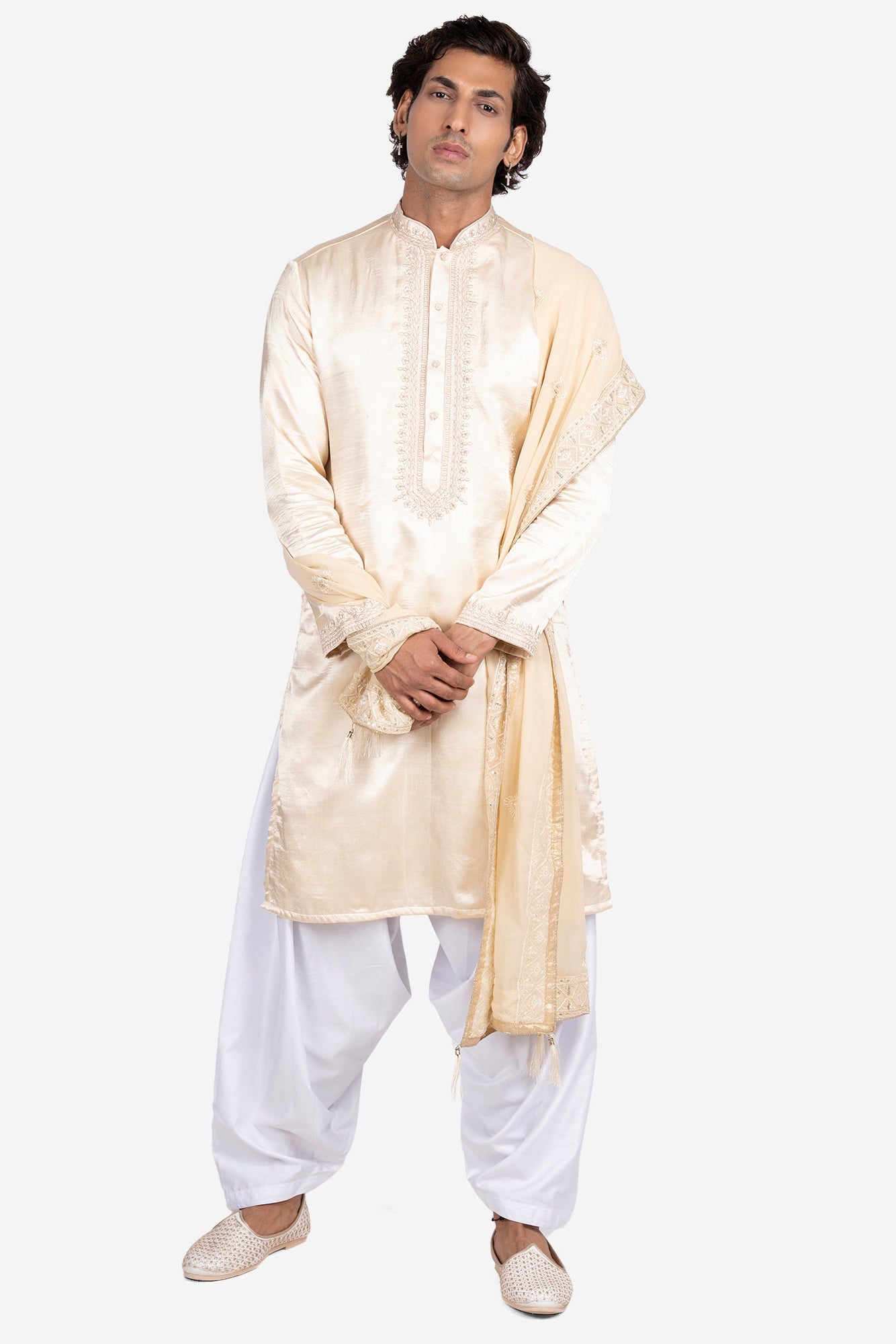 Gold and beige Gajji & Dola Silk Mirror Embroidered Kurta Set