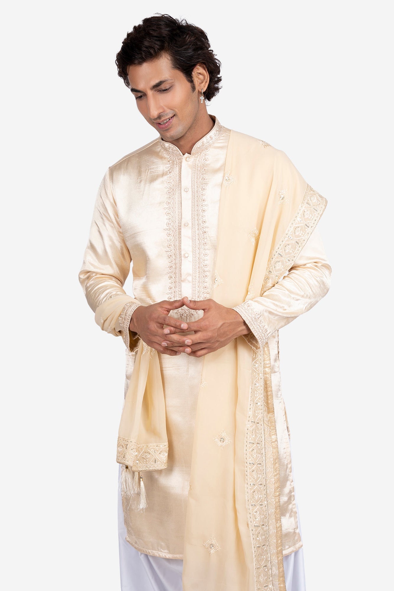 Gold and beige Gajji & Dola Silk Mirror Embroidered Kurta Set