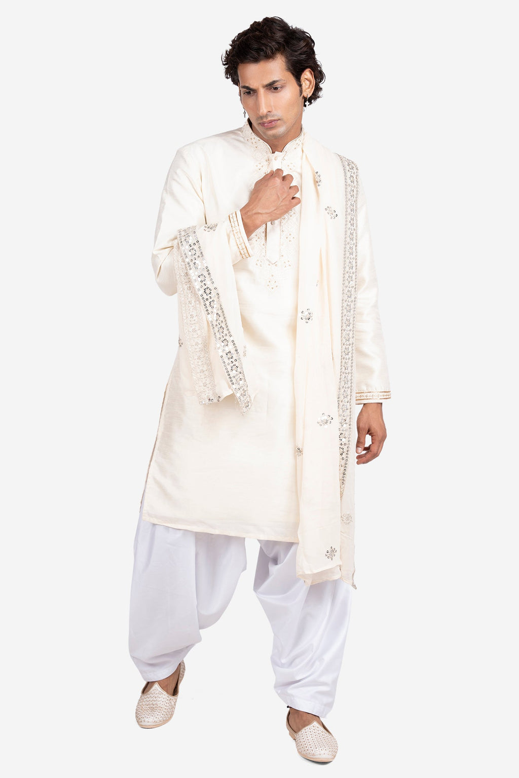 White Gajji & Dola Silk Mirror-Embroidered Kurta Set