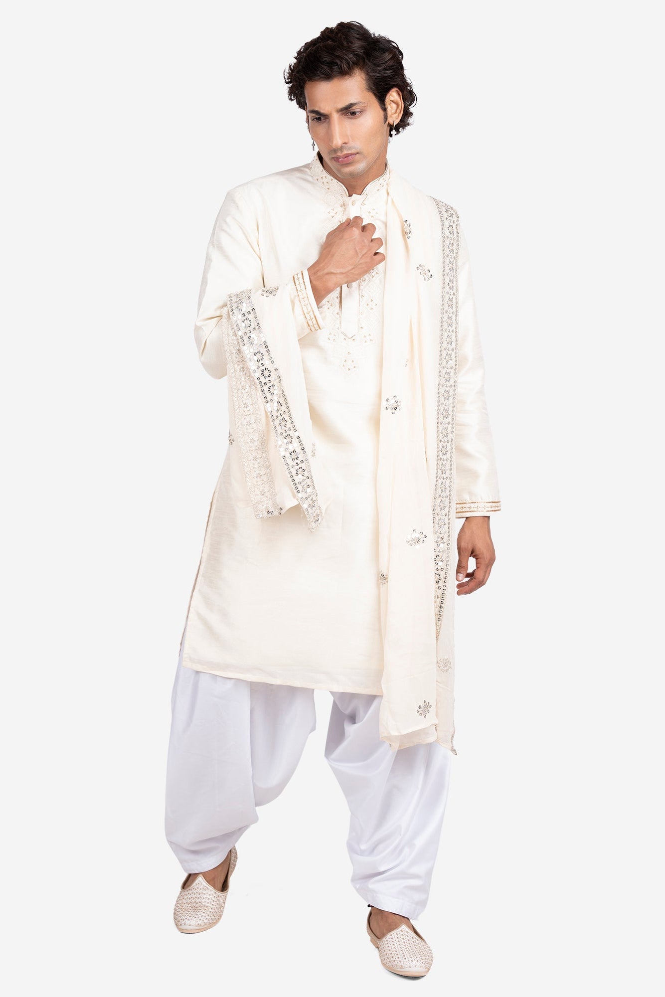 White Gajji & Dola Silk Mirror-Embroidered Kurta Set