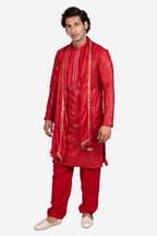 Red Faux Silk Mirror-Embroidered Kurta Set