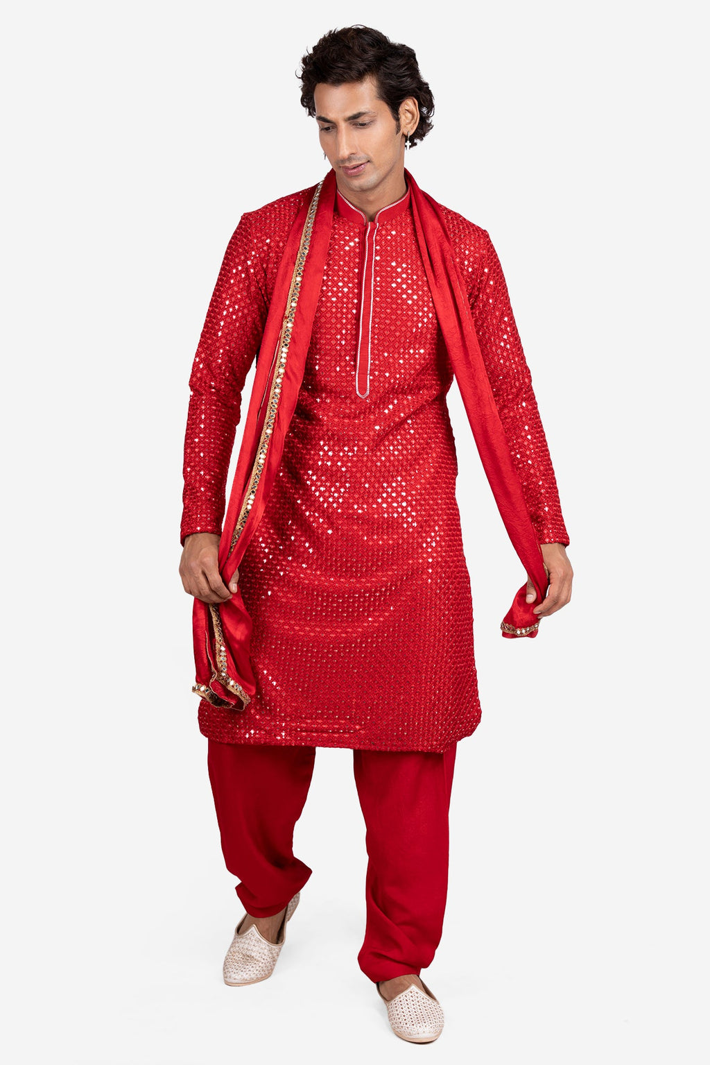 Red Faux Silk Mirror-Embroidered Kurta Set