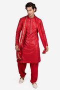 Red Faux Silk Mirror-Embroidered Kurta Set