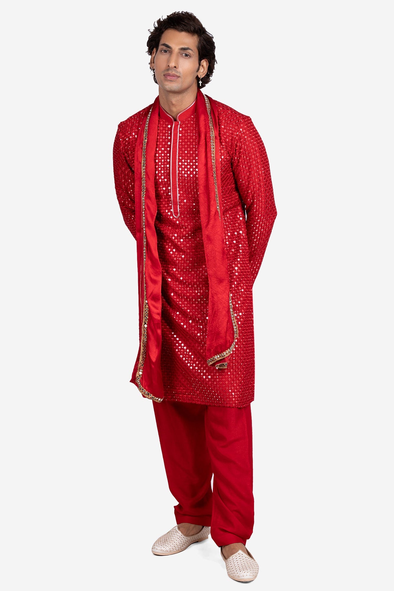 Red Faux Silk Mirror-Embroidered Kurta Set