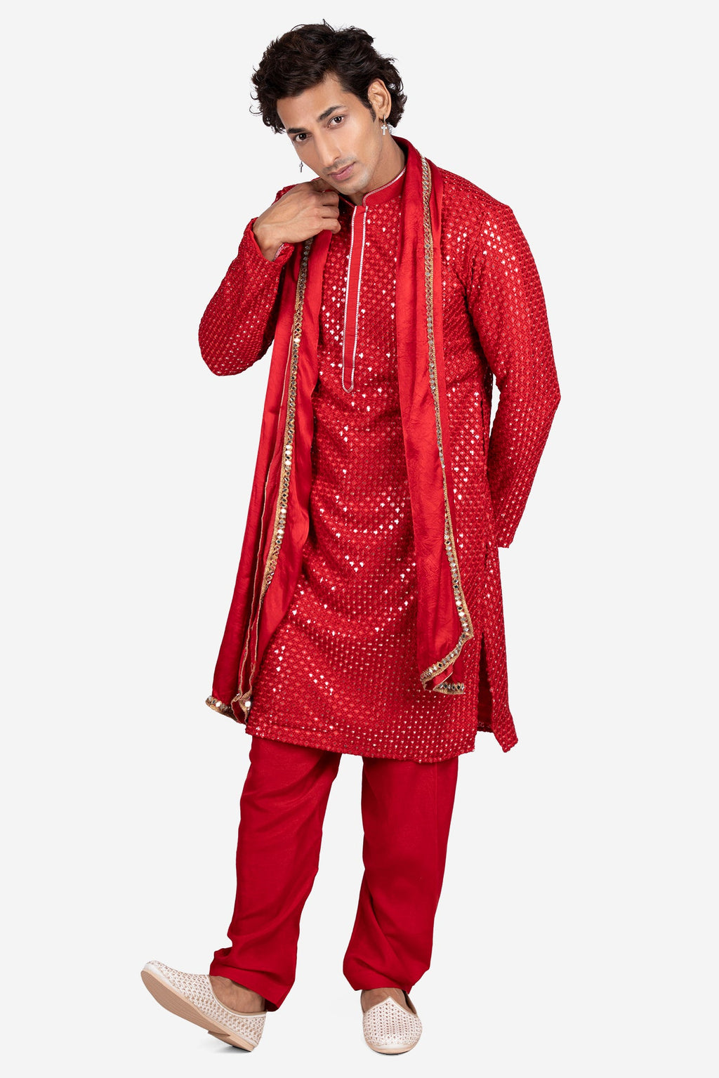 Red Faux Silk Mirror-Embroidered Kurta Set