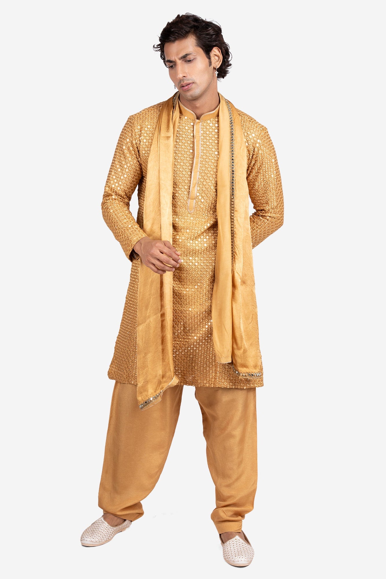 Golden Faux Silk Mirror-Embroidered Kurta Set
