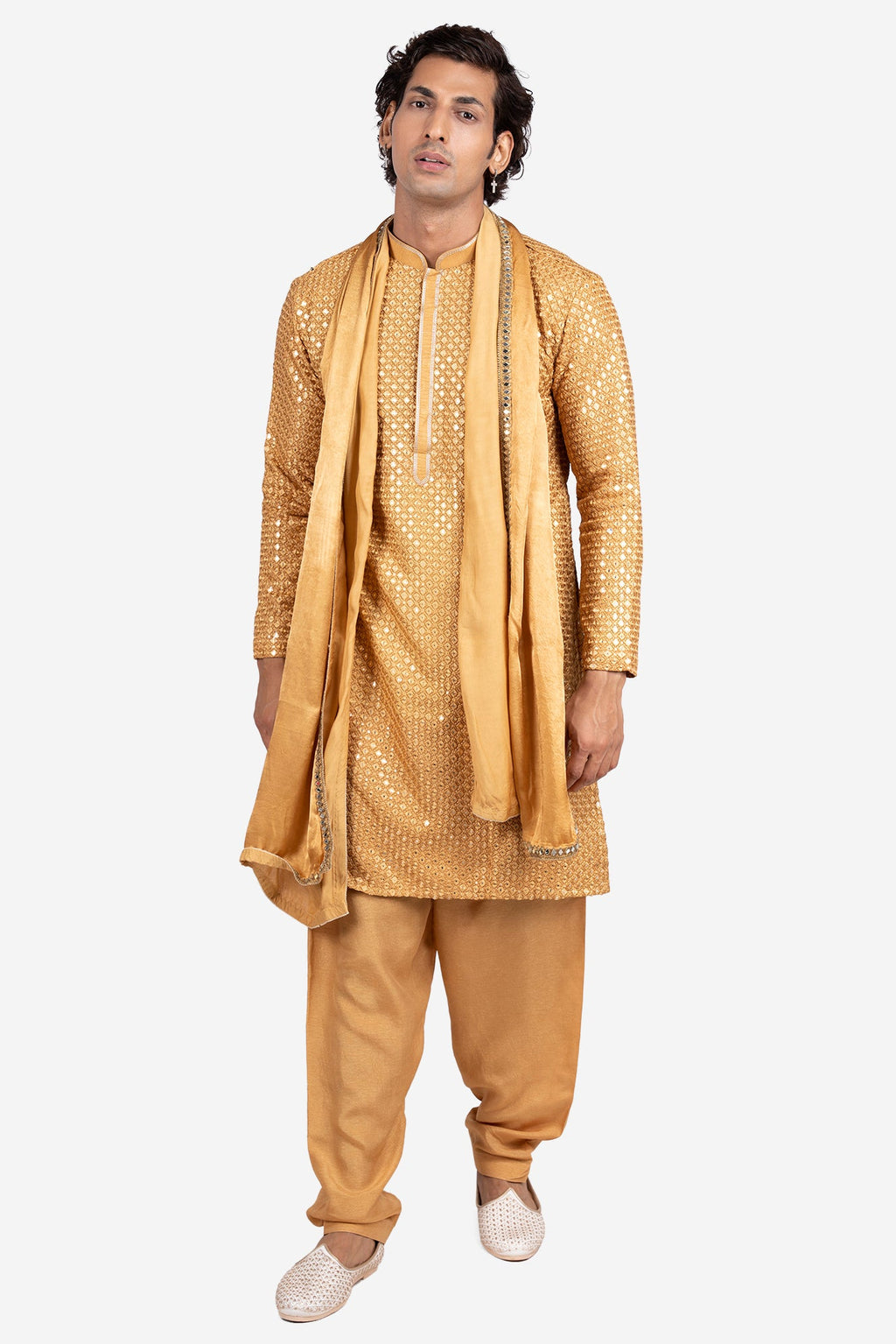 Golden Faux Silk Mirror-Embroidered Kurta Set