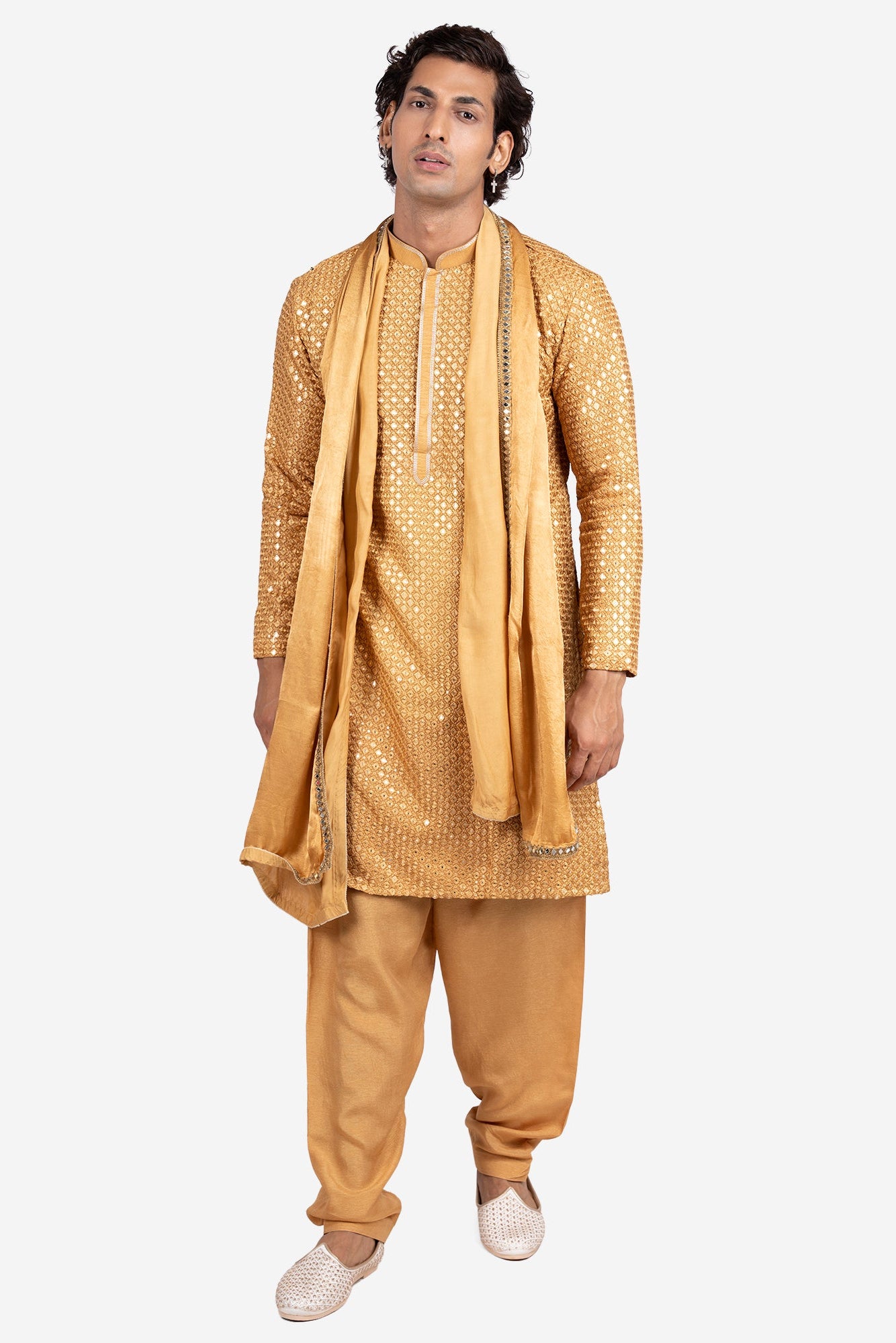Golden Faux Silk Mirror-Embroidered Kurta Set